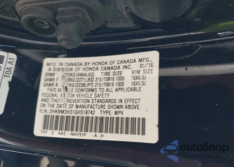 2016 Honda Cr-V Lx z USA, uszkodzony, nr VIN 2HKRM3H31GH518742